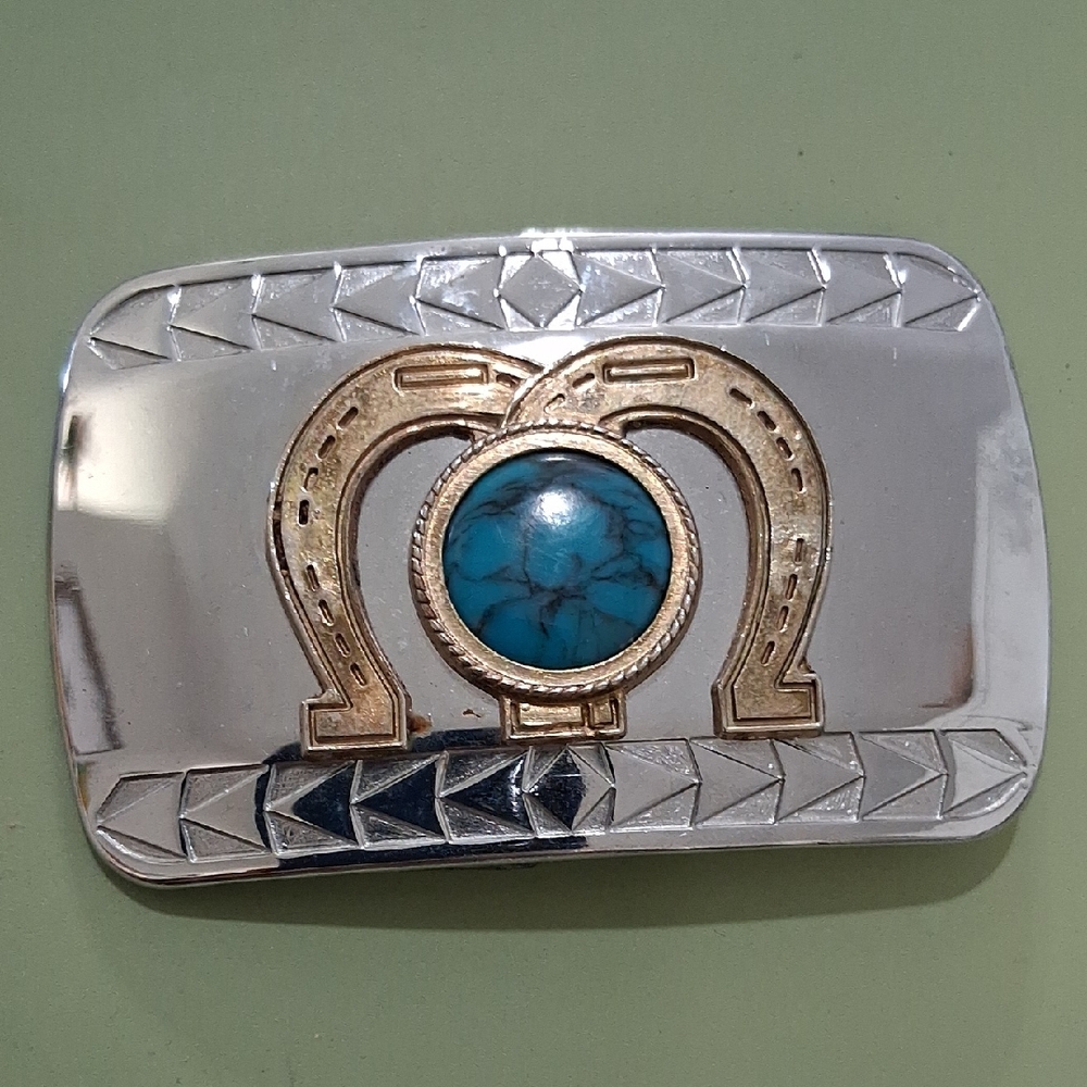Silver and Gold Belt Buckle with Turquoise Stone